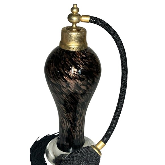 Art Glass Perfume Bottle Atomizer Black Gold Flake Tassel Victorian Style - Picture 1 of 8